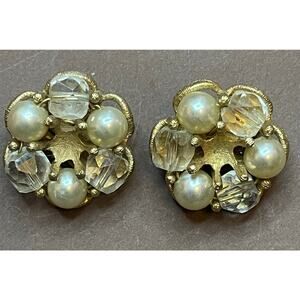 Vintage KRAMER Pearl Crystal Cluster Clip Earrings Gold Tone Mid Century